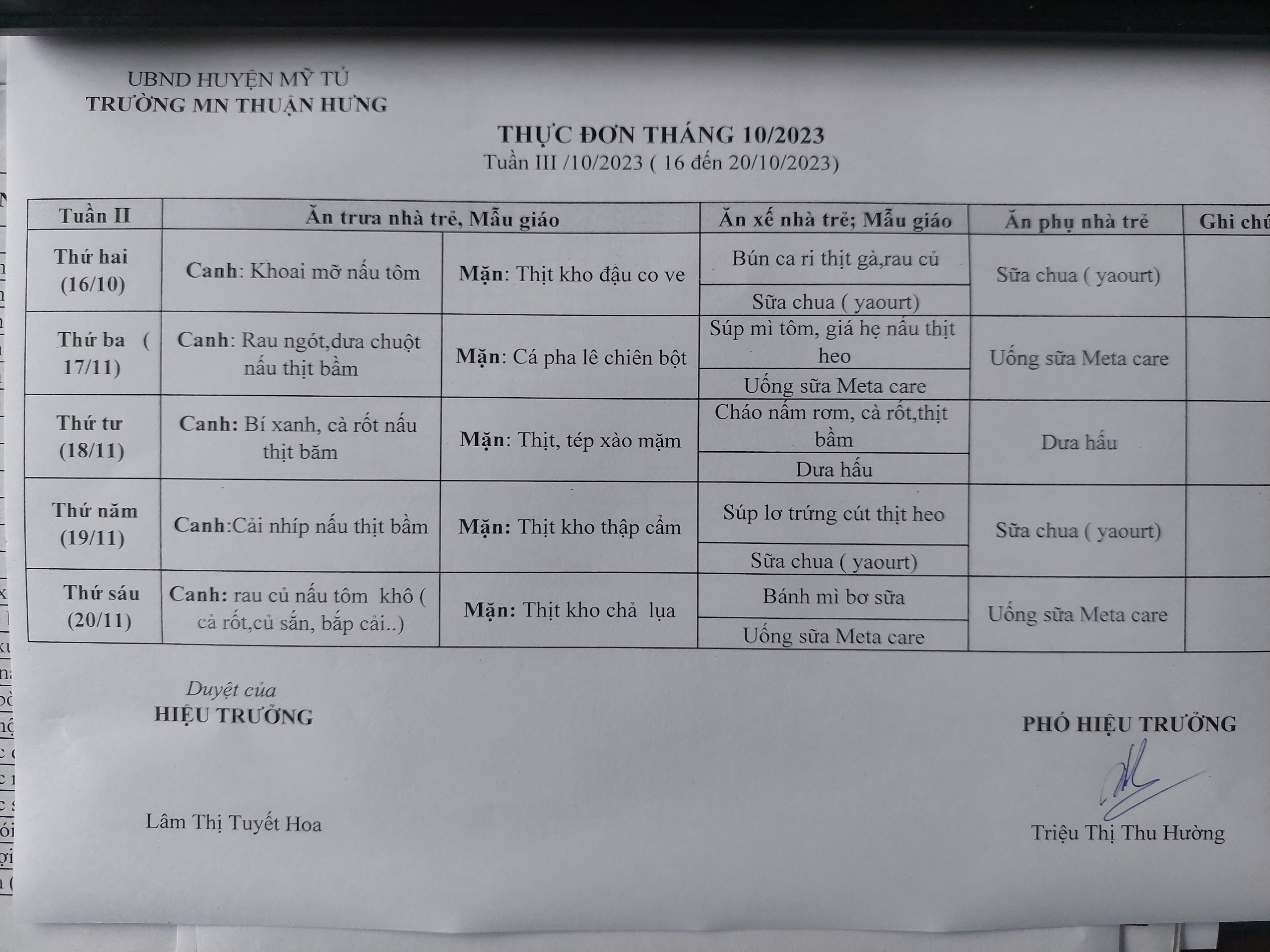 Thực đơn tuần 3 tháng 10/2023